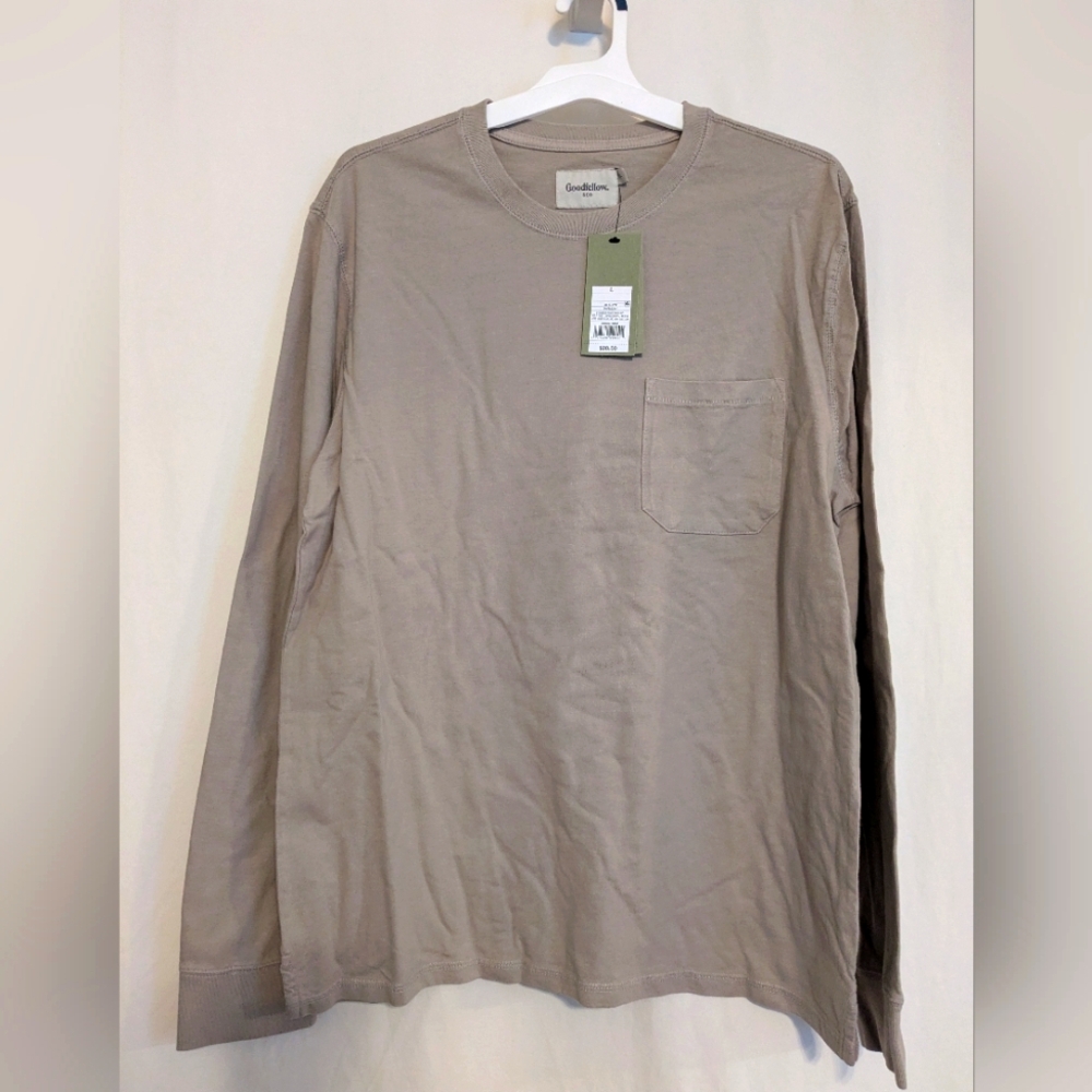 NWT Goodfellow & Co Men's Long Sleeve Pocket T-Shirt Taupe Size L